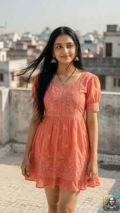 Peach chikankari mini dress for a sunny, breezy rooftop mood
