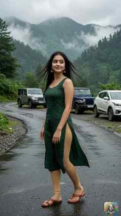 🌲⛈️Dark green kurti for a foggy mountain road walk. 🌲🌧️