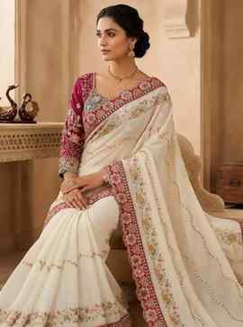 ✨ Premium Red Rangoli Silk Blend Saree with Mirror Work ✨

�
