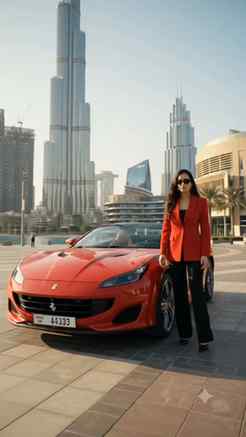 Red Ferrari, Dubai views, and boss babe vibes. 🏎️✨
Dubai