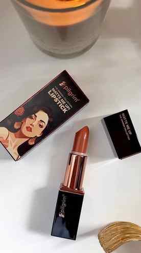 The @discover.pilgrim Matte Me Up Lipstick gives rich color 