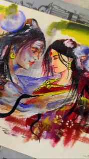 The love beyond the world.Shiv parvati painting on canvas . 