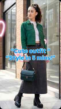 Green jacket, washed denim midi, and chunky black boots = th